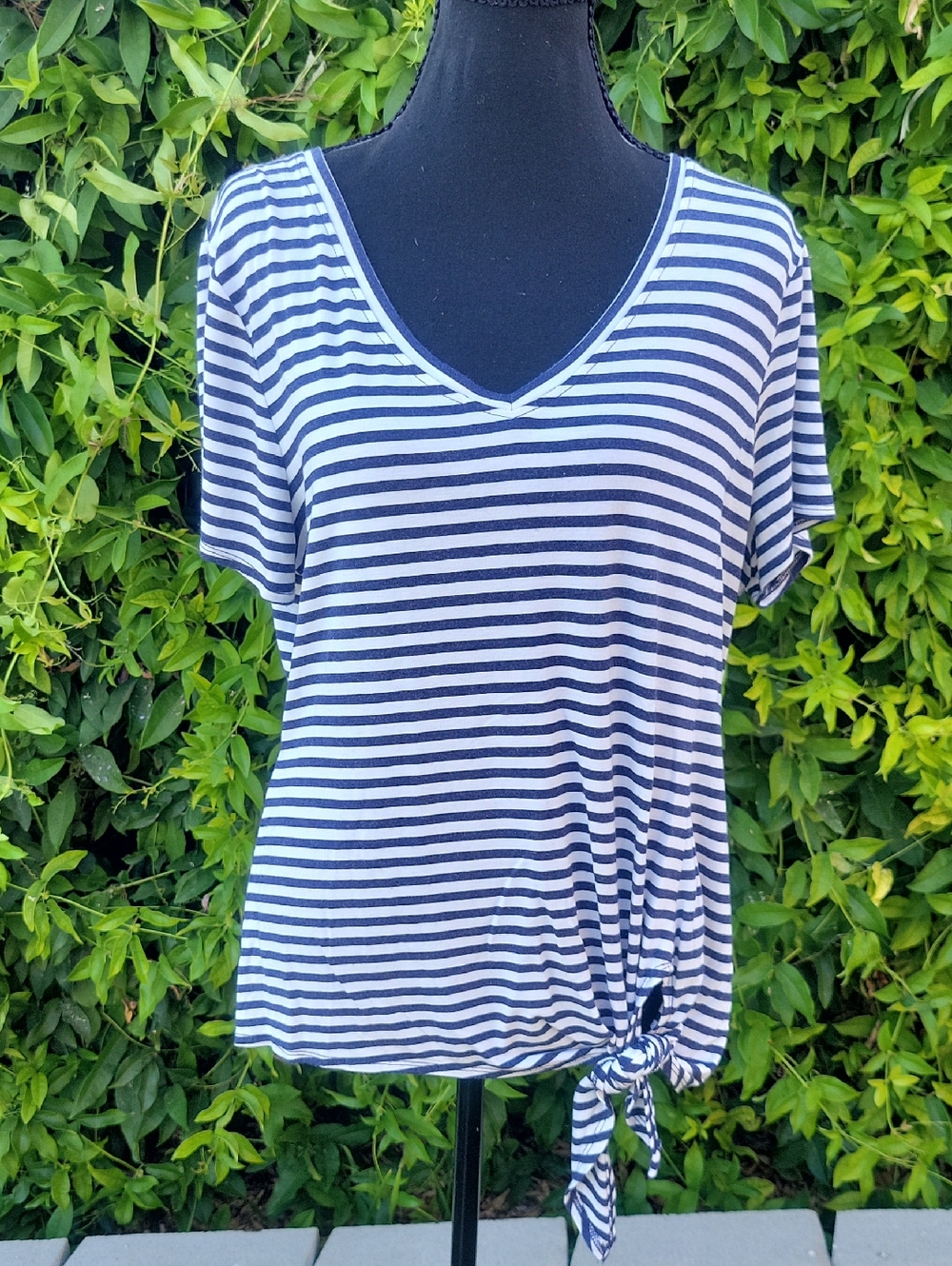 Striped Navy And White V-Neck Tee with Knot Detail L